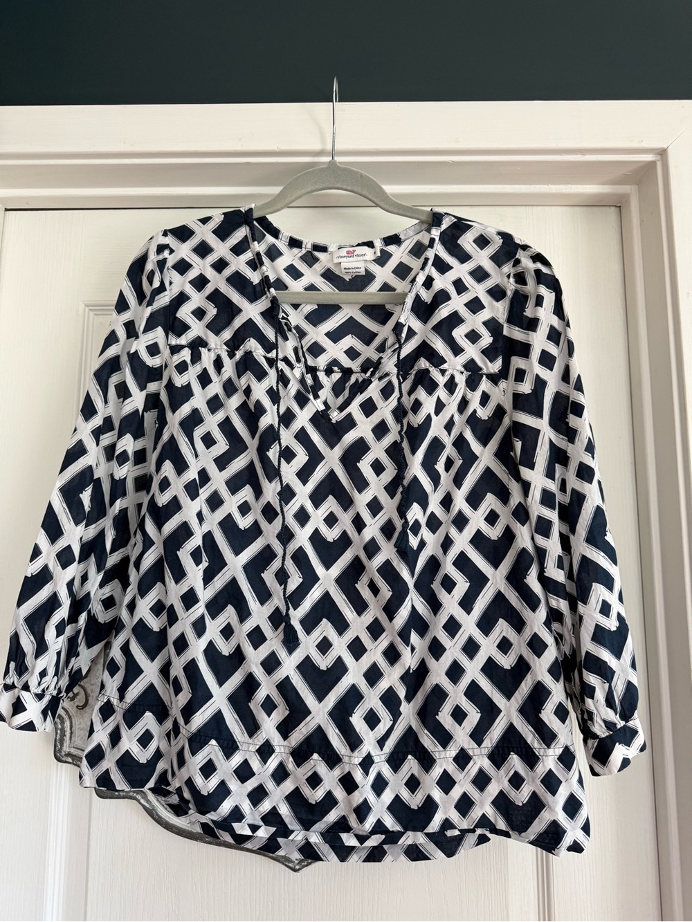 Vineyard Vines Navy and White Geometric V-Neck Blouse